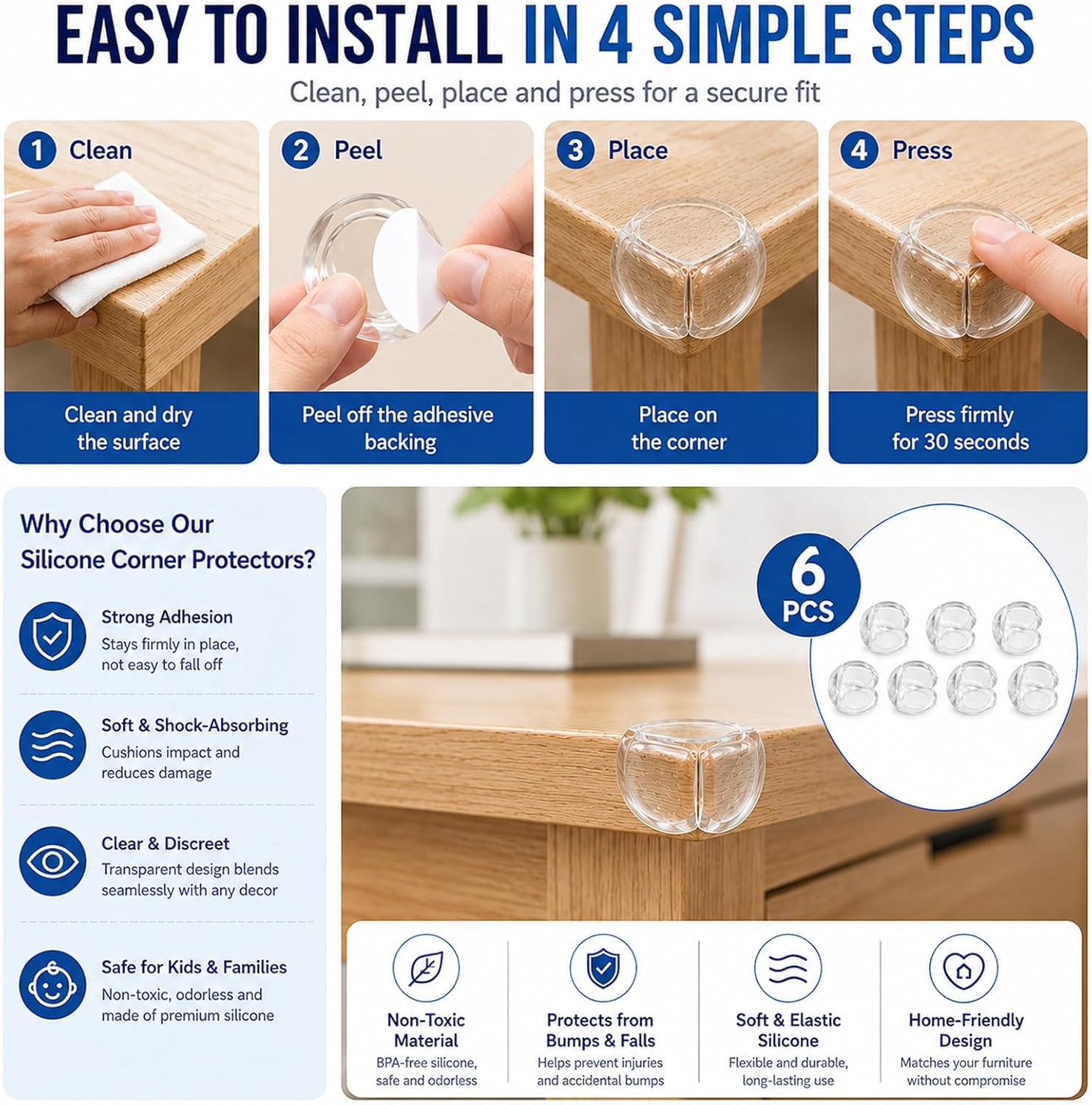 Baby Proofing Corner Protectors, 6 Pack Clear Ball-Shaped Silicone Furniture Table Edge: image 6