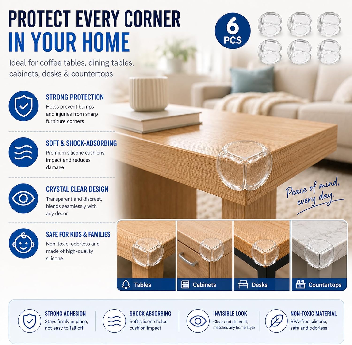 Baby Proofing Corner Protectors, 6 Pack Clear Ball-Shaped Silicone Furniture Table Edge: image 7