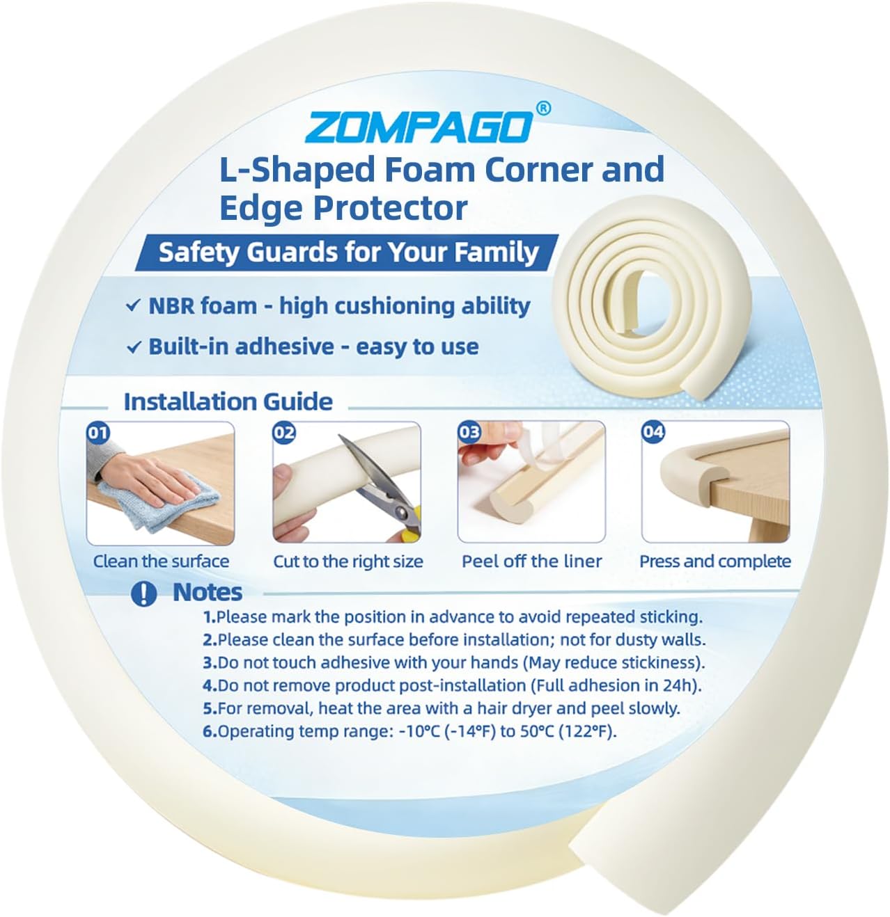 ZOMPAGO 2m Edge & Corner Protectors, Anti-Collision Foam Bumper Strip, L-Shaped - Off